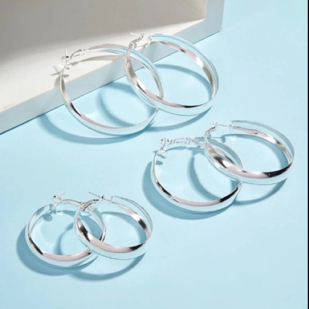 3 Set Silver Minimalist Hoop Earrings